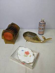lot 477 image: Miscellaneous Vintage Home Items - Plastic Coasters with Rack, Whale, Vase, Mikasa Narumi Bone China Plate -- SE