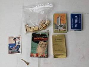 lot 458 image: Souvenir Playing Card Decks, Vintage Dice, Terry Jorgensen Baseball Card, and more