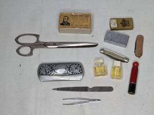 lot 462 image: Miscellaneous Vintage Personal Items - Nail File, Tweezers, Scissors, Lighters, Glasses Case, and more