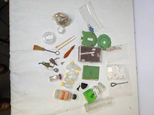 lot 466 image: Miscellaneous VintageAntique Personal Items Lot - Address Book, Picture Frame, Cane Tops, Keys, Small Bottles, and more