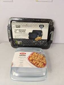 lot 587 image: New Bakeware Lot - (2) IKO Cookie Sheets, OXO 2-Qt Glass Baking Dish with Lid - NER