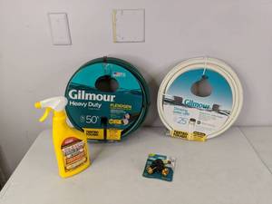 lot 595 image: New Outdoor Lawn Care Lot - 50 Hose, 25 Hose, Dr. Earth Organic Outdoor Insect Killer, 2-Way Shut Off Valve - NER