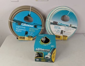 lot 599 image: Lot of (3) New Gilmour Outdoor Water Hoses - 50, 25, 25 Lightweight - NER