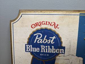 lot 44 image: Vintage Pabst Blue Ribbon Wood Sign PBR Bar