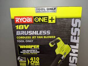 lot 42 image: Brand New Ryobi ONE 18V Brushless Whisper Series 110 MPH 410 CFM Cordless Battery Jet Fan Leaf Blower