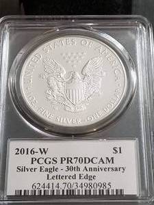 2016-W LETTERED EDGE 30th ANNIVERSARY SILVER EAGLE PROOF PCGS PR70DCAM