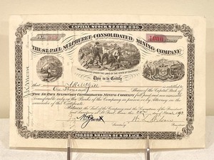 lot 95 image: Three 1893 Stock Certificates from The St. Paul Sulphuret Consolidated Mining Company
