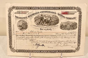 lot 93 image: Two Antique Stock Certificates from The St. Paul Sulphuret Consolidated Mining Company.