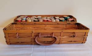 lot 172 image: Vintage Wooden Thread Spool Collection in Adorable Wicker Case