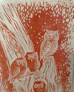 lot 326 image: Vintage Framed Owl Themed Block Art