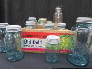 lot 25 image: VINTAGE WOODEN BOX  JARS
