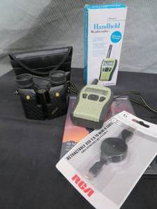 lot 107 image: WEATHER RADIO, NIKON BINOCS, DEER CALLING DVD.