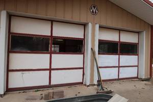 lot 89 image: 2 SOLID WOODEN GARAGE DOORS WITH WINDOWS