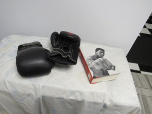 lot 17 image: Mohammed Ali book and pair of used boxing gloves