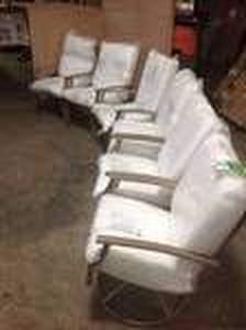 lot 44 image: Lot of 6 Outdoor Chairs - one has a damaged leg see pictures Bare Cushions
