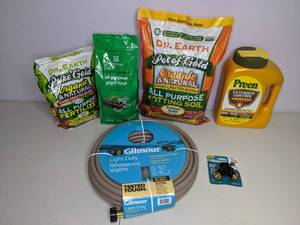 lot 166 image: New Gardening Lot- 50 Water Hose, Hose Shut-Off Valve, Organic Fertilizer, Organic Potting Soil, Plant Food, Weed Preventer