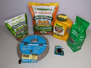 lot 167 image: New&nbspGardening Lot - 50 Water Hose, Hose Shut Off Valve, Organic Fertilizer, Organic Potting Soil, Plant Food, Weed Preventer
