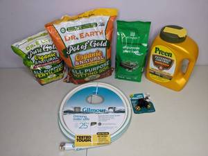 lot 168 image: New Gardening Lot - 25 Water Hose, Hose Shut-Off Valve, Organic Fertilizer, Organic Potting Soil, Plant Food, Weed Preventer