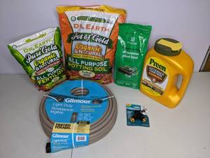 lot 169 image: New Gardening Lot- 50 Water Hose, Hose Shut-Off Valve, Organic Fertilizer, Organic Potting Soil, Plant Food, Weed Preventer