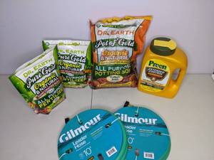 lot 170 image: New Gardening Lot - (2) 10 Leader Hoses, Organic Fertilizer, Organic Potting Soil, Weed Preventer