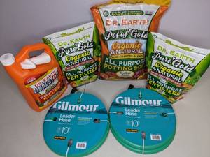lot 171 image: New Gardening Lot- (2) 10 Leader Hoses, Organic Fertilizer, Organic Potting Soil, Weed & Grass Killer