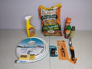 lot 173 image: New Gardening Lot - 25 Water Hose, Hose Connector Set, Herb Snippers, Manual Weeder, Organic Potting Soil, Bug Sprays, Insect Killer