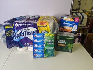 lot 112 image: New Bathroom Closet Restock Lot - Toilet Paper, Toothpaste, Soap and Panty Liners