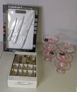 lot 130 image: New Kitchen Lot Cuisinart Knife Set, Set of (2) Spritz Cupcake Stands, Project 62 Flatware Set