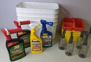 lot 132 image: New Mixed Lot White Storage Baskets, Insect Killers, Spray Bottles, & More