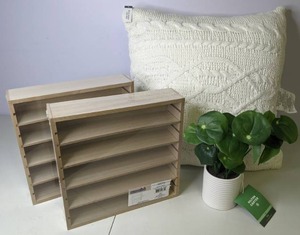 lot 127 image: Set of (2) Adjustable Shelves, Hilton Carter Faux Plant, Threshold Toss Pillow - All New