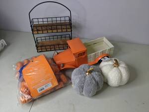 lot 155 image: Lot of Fall Decor 46 Electric Pumpkin Tealights, Fabric Pumpkins, Pickup Truck, BasketShelf -- Many are New 