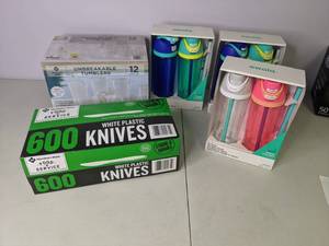 lot 51 image: Collection of (6) New Owala Water Bottles, (12) New Members Mark Tritan Tumblers, New Plastic Knives