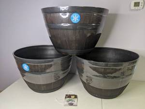 lot 60 image: New Set of (3) Plastic Whiskey Barrel Planters - 22