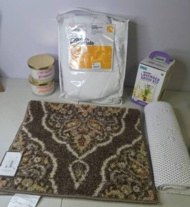 lot 139 image: Mixed Lot Room Essentials Mattress Pad, Threshold Rug, Set of (2) OpalHouse Candles, Back to the Roots - Organic Lavender Grow Kit &  More - All New