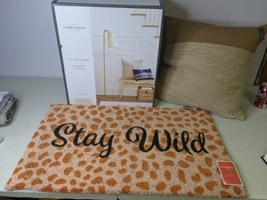 lot 145 image: Opalhouse&nbspStay Wild Doormat, Metal Tube Leaning Floor Lamp Brass - Threshold designed with Studio McGee, & Threshold Small Throw Pillow - All New