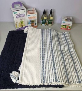 lot 146 image: Mixed Lot Hearth & Hand Bath Rug, Threshold Bath Rug, (3) Back to the Roots Grow Kits, (2) Ever Spring Liquid Hand Soap - All New