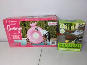 lot 284 image: New Lot of Equip Recycled Two Person Travel Hammock & Members Mark Inflatable Flamingo Float