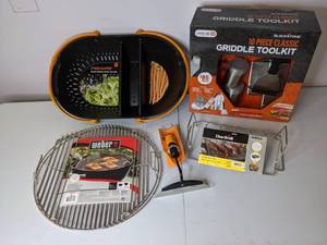lot 268 image: New Grilling & Gardening Accessories CharBroil Rack, Blackstone Griddle Tools, 2 Weber Grates, Fiskars Garden Basket & Hoe Head