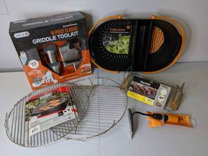 lot 269 image: New Grilling & Gardening Accessories CharBroil Rack, Blackstone Griddle Tools, 2 Weber Grates, Fiskars Garden Basket & Hoe Head