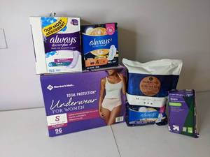 lot 272 image: Lot of Feminine Hygiene Products & Bladder Leak Protection (Always, Members Mark, Up & Up, L. Chlorine Free) 