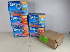 lot 381 image: New Quart Ziploc Baggies, 4# Brown Paper Bags