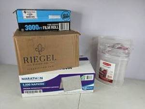 lot 382 image: New Catering Lot - Food Service Film Roll, Riegel Linens, Marathon Interfold Dispenser Napkins, Rubbermaid Cereal Keeper