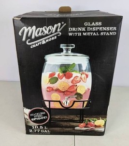 lot 354 image: New Classic Mason Craft and More Glass Drink Dispenser with Metal Stand