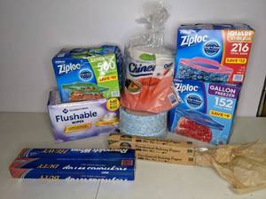 lot 73 image: New Kitchen Essentials Lot - Assorted Ziploc Baggies, Chinet Paper Plates, Reynolds Heavy Duty Aluminum Foil, Parchment Paper, Flushable Wipes