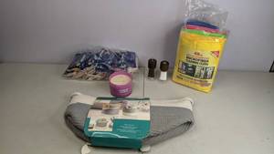 lot 385 image: NEW Salt and Pepper Shakers, Candle, Decorative Rope Basket, Microfiber Cleaning Cloths, Hand Wipes