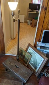 lot 263 image: Wonderful Mixed Lot Vintage Lamp, Vintage Stool, & (2) Framed Art Pieces