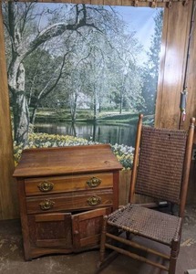 lot 257 image: Beautiful Small Solid Wood Dresser, Vintage Rocking Chair, & Large Scenic Print