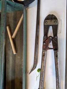 lot 244 image: Lot of Tool Box and Tools (Includes Bolt Cutters, Hammer, Hatchet and more)