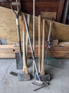 lot 167 image: YardOutdoor Tool Lot - Axes, Rake, Spade Shovel, Hoe