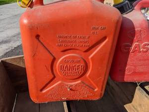 lot 82 image: Set of (2) Empty Gas Cans and (3) Wooden Apple Crates